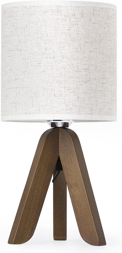 Wooden Tripod Table Lamp with Brown Base and Linen Fabric Shade - Compact Nightstand Lamp for Bedroom, Kids Room, Nursery, and Dorm