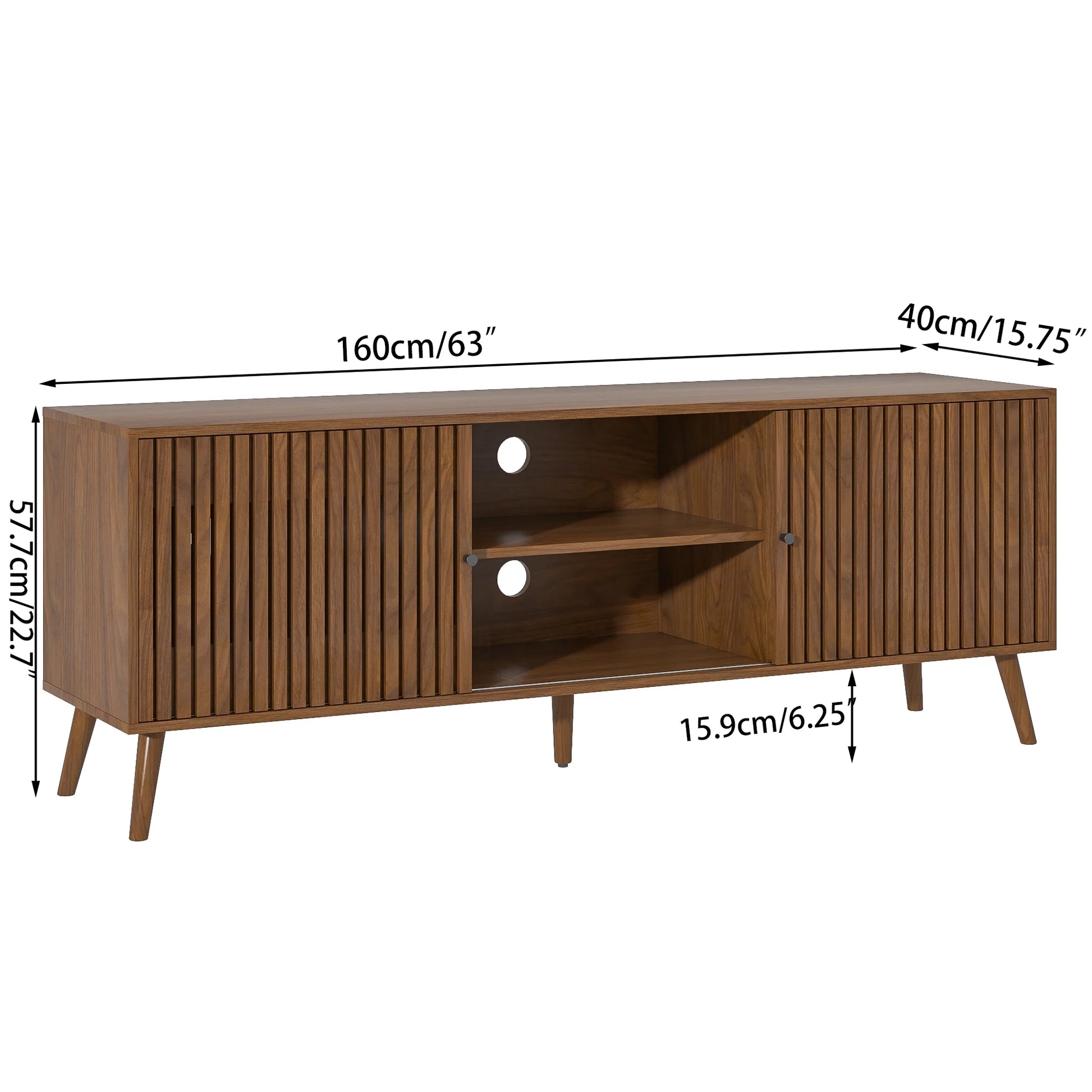 Mid-Century Modern TV Stand for Tvs up to 70”, Sliding Door Wood Entertainment Center with Storage, Walnut