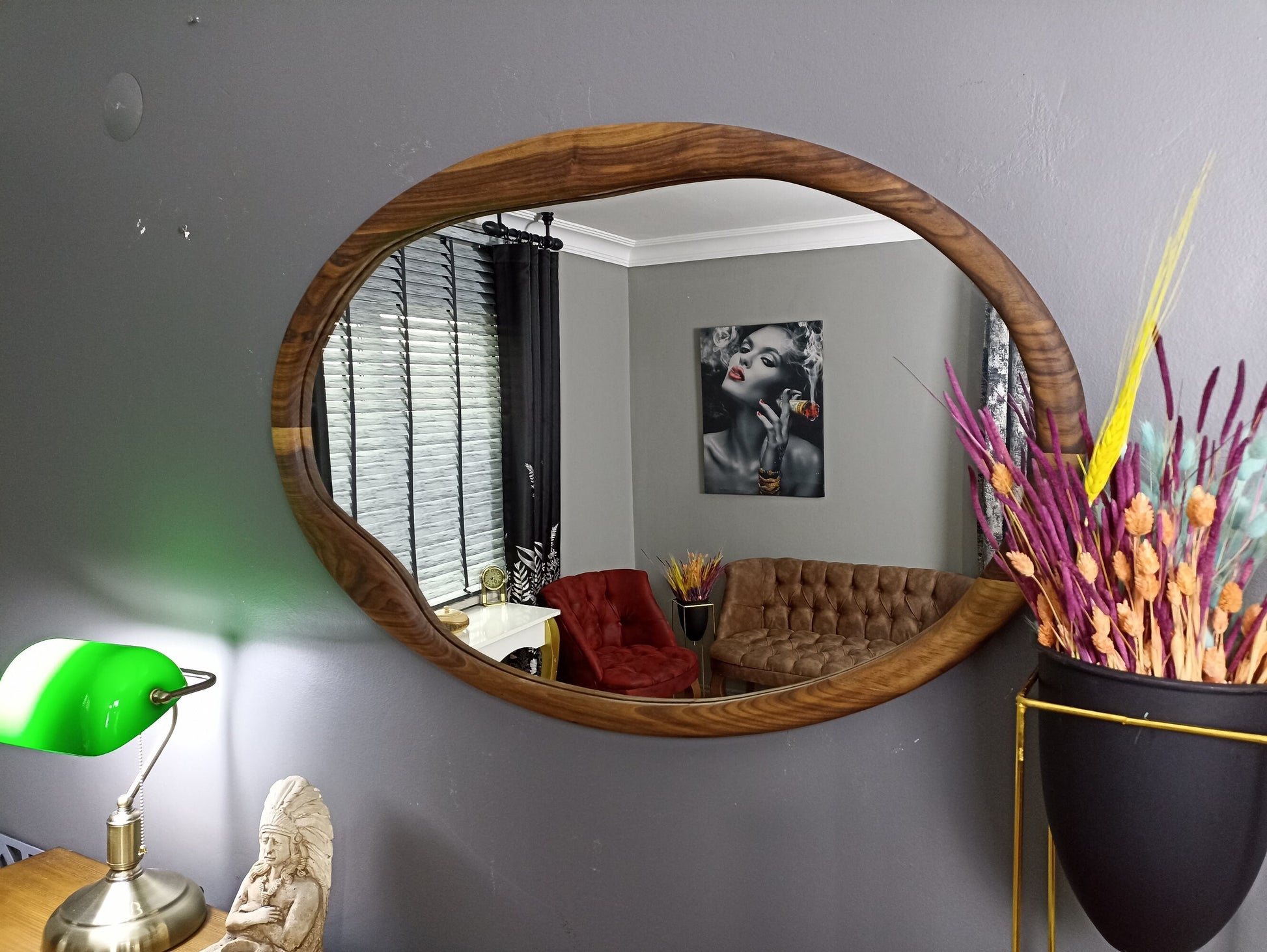 Oval Mid Century Mirror Decor, Organic White Oak or Walnut Mirror,