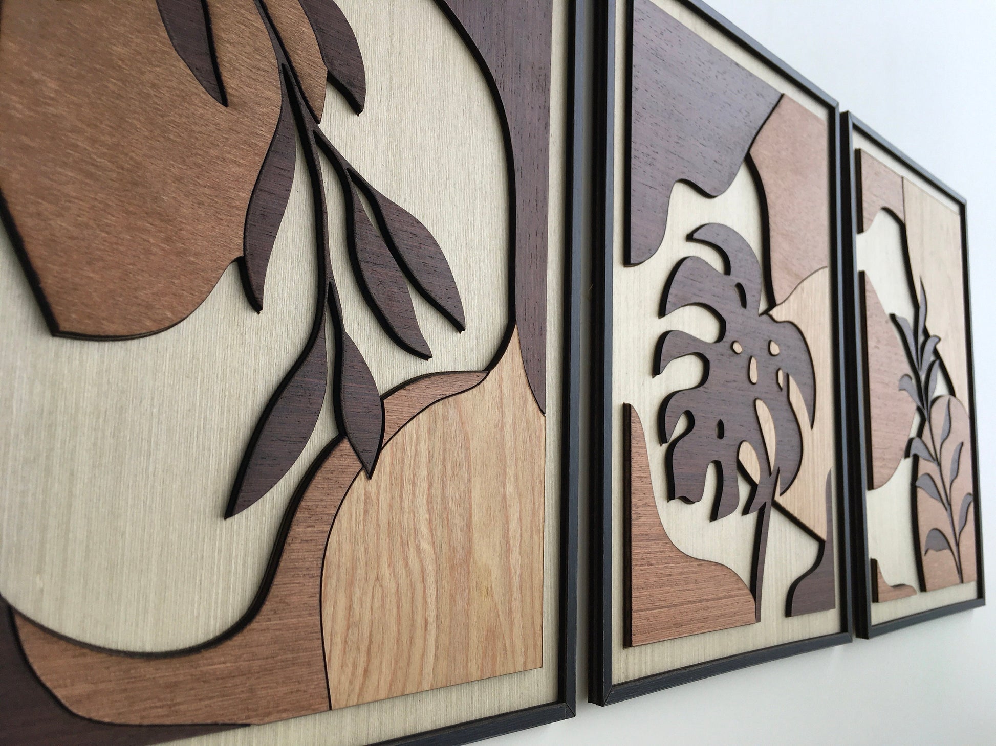 Tropical Leaf Wood Wall Art - Botanical Plant Wall Decor - Tree Art - Mid Century Modern Wall Art - Boho Room - Bauhaus Art (Set of 3)