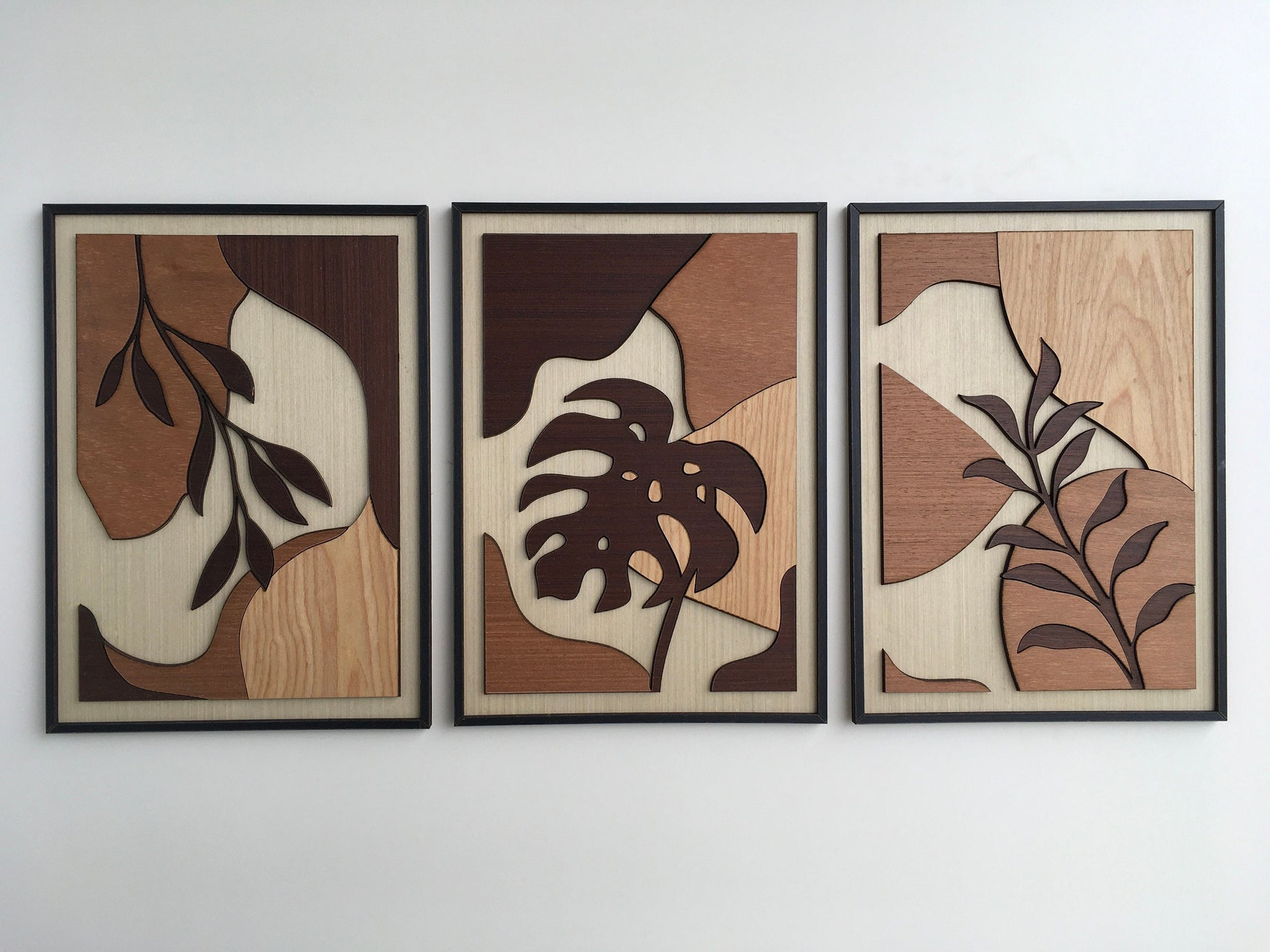 Tropical Leaf Wood Wall Art - Botanical Plant Wall Decor - Tree Art - Mid Century Modern Wall Art - Boho Room - Bauhaus Art (Set of 3)