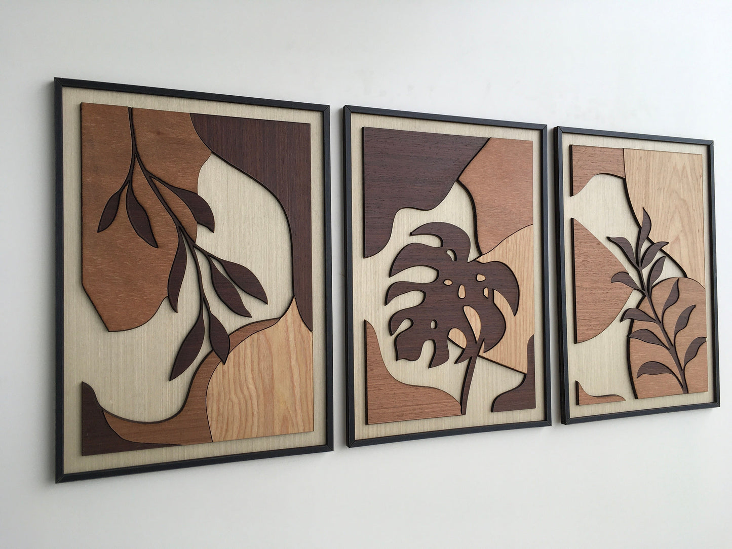 Tropical Leaf Wood Wall Art - Botanical Plant Wall Decor - Tree Art - Mid Century Modern Wall Art - Boho Room - Bauhaus Art (Set of 3)