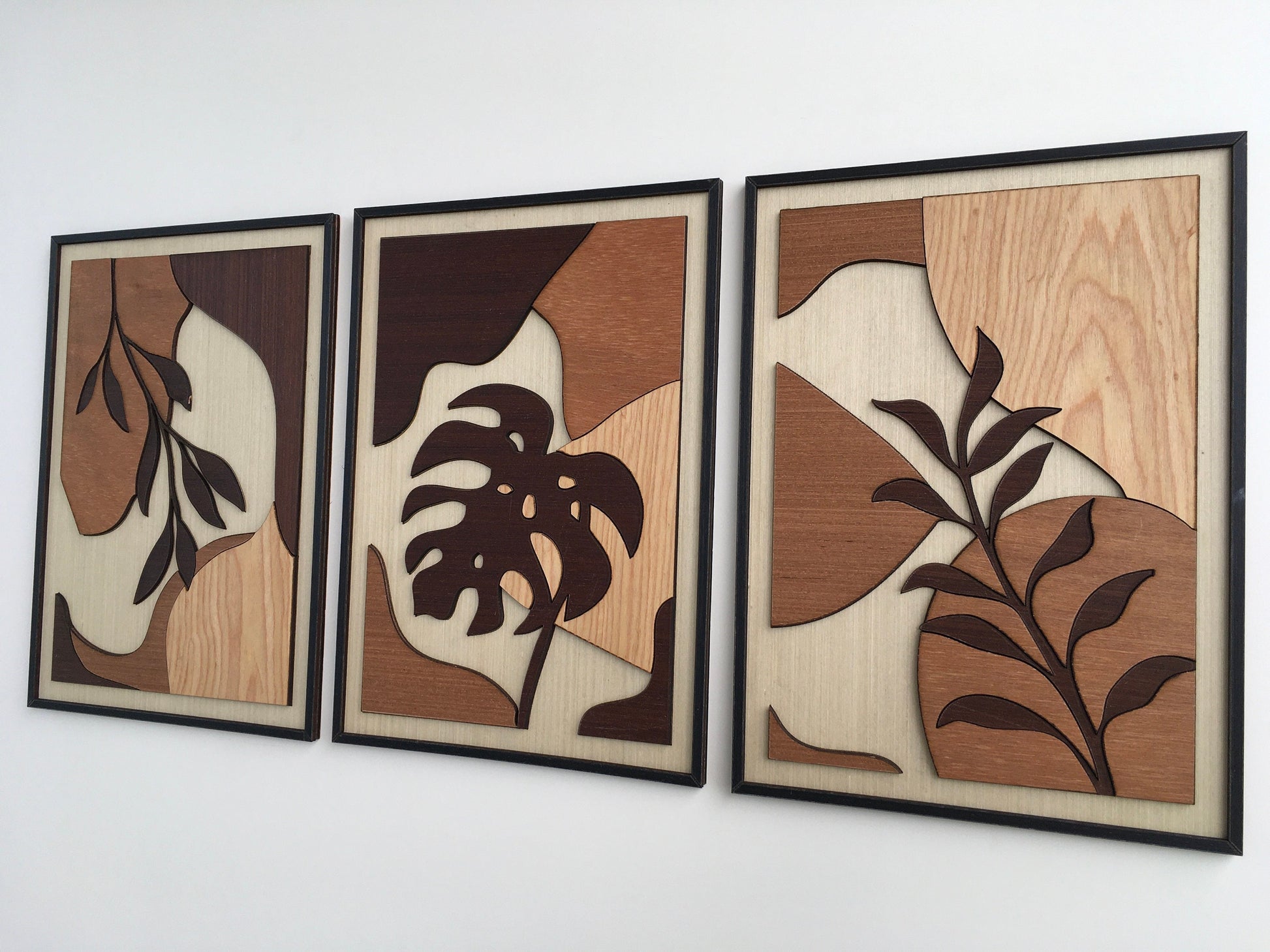 Tropical Leaf Wood Wall Art - Botanical Plant Wall Decor - Tree Art - Mid Century Modern Wall Art - Boho Room - Bauhaus Art (Set of 3)