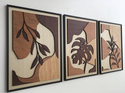 Tropical Leaf Wood Wall Art - Botanical Plant Wall Decor - Tree Art - Mid Century Modern Wall Art - Boho Room - Bauhaus Art (Set of 3)