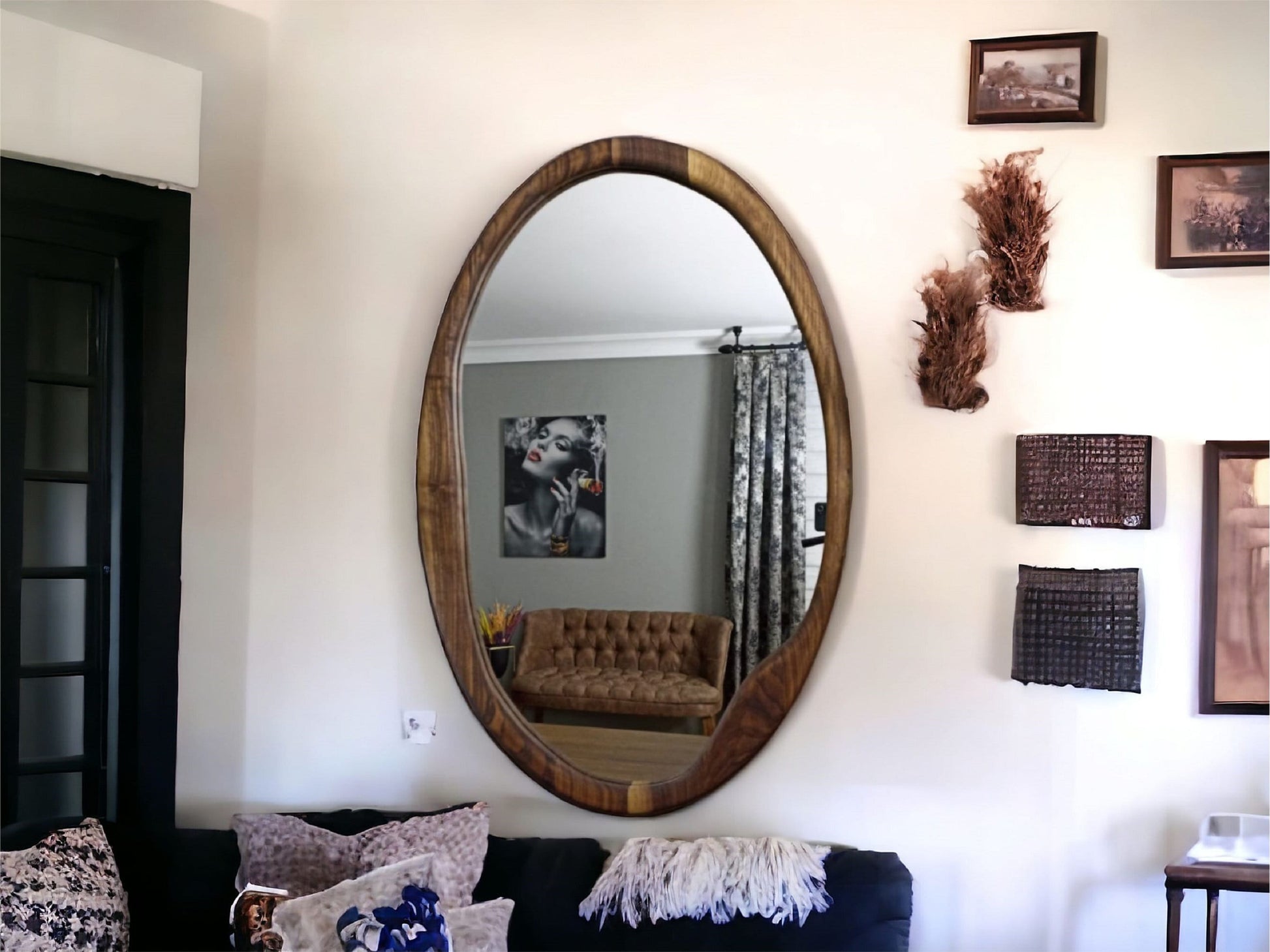 Oval Mid Century Mirror Decor, Organic White Oak or Walnut Mirror,